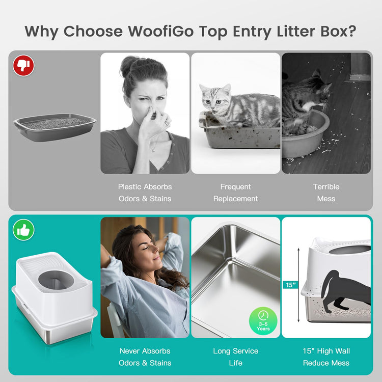 WoofiGo Enclosed Stainless Steel Cat Litter Box with Lid, XL Extra Large Litter Box for Big Cats, Metal Litter Pan High Sided, Never Absorbs Odors, Anti-Urine Leakage, Easy Cleaning, Include Scoop