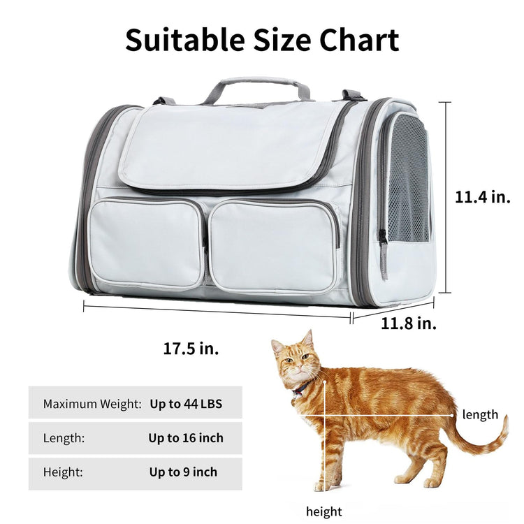 FUKUMARU Cat Carrier, Soft-Sided Small Dog Carrier, Large Cat Travel Bag with 4 Mesh Windows, Under 15 lb Airline Approved Pet Carrier with 4 Storage Pockets, Rollable Cover for Nervous Cats, Grey