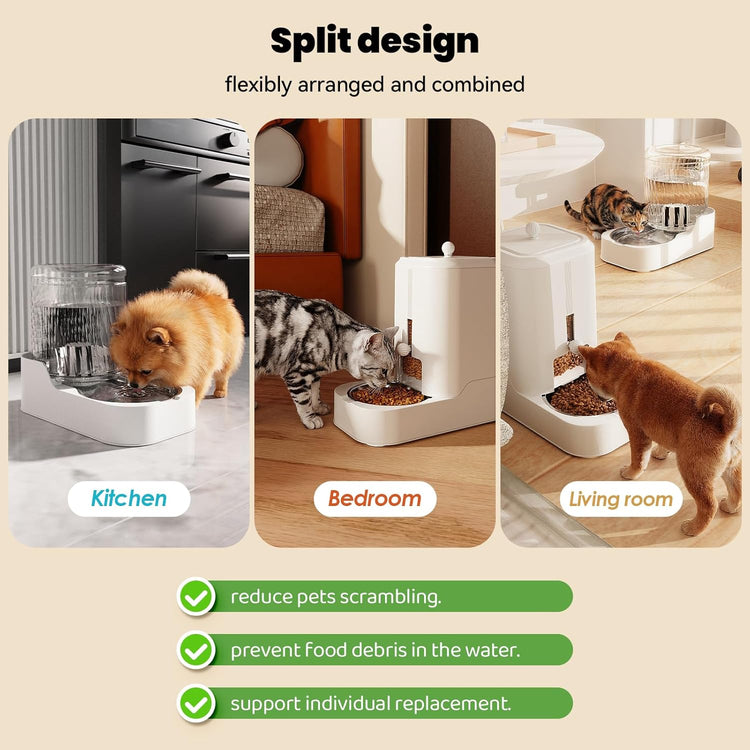 JUNSPOW Automatic Cat Feeder Dog Water Bowl Dispenser Set with Stainless Steel Bowl, Adjustable Food Dispensing & Keep Food Dry, Auto Pet Feeder and Waterer for Cats and Dogs