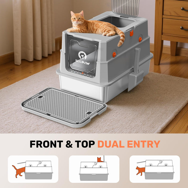 Stainless Steel Litter Box with Lid, Anti-Leakage Enclosed Metal Litter Box, Flip-Top Extra Large Kitty Litter Pan with Scoop & Pedal, Odor Free, Front & Top Dual Entry, Black