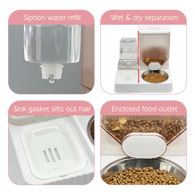 Fhiny Gravity Cat Feeder & Water Dispenser, 2 in 1 Automatic Puppy Waterer Removable Stainless Steel Food Bowls Set Self Feeding Pet Food Storage for Cat Kitten Puppy Easy Clean (White)