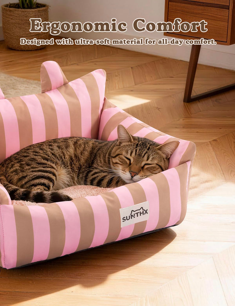 Cat Couch, Reversible Pet Bed for Indoor Cats – 2-Sided Cat Sofa with Oxford Fabric and Plush Fleece, Washable Small Dog Couch for Puppies and Senior Pets, Non-Slip Bottom, 28 inch, Pink Brown