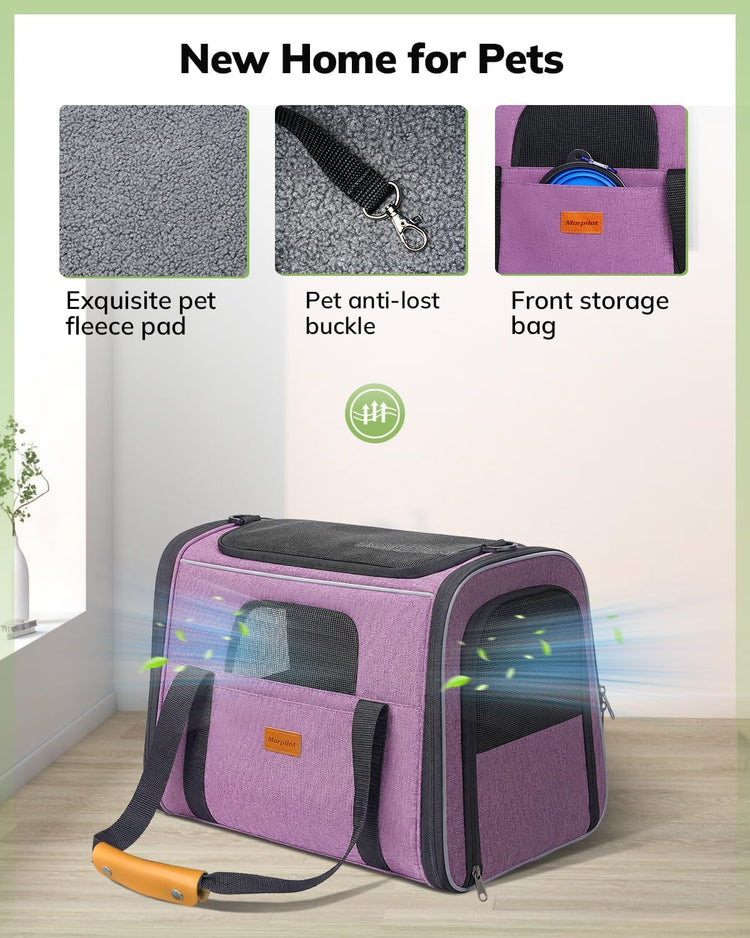 Morpilot Pet Carrier for Large Cats, Puppies & Small Dogs Up to 25lbs, Escape-Proof with Locking Zippers, Dual-Sided Cushion, Safety Buckle for Car & Vet Travel, Includes Foldable Bowl (Dark Gray)