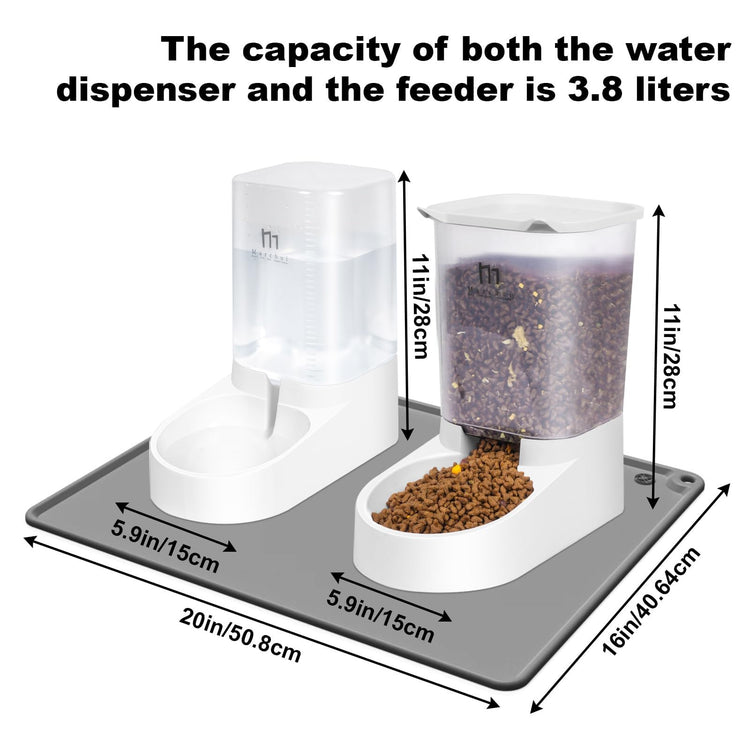 Marchul Dog Feeder and Water Dispenser, Automatic Gravity Dog Food Dispenser, Pet Food Dispenser Set for Small Medium Dogs Puppy Kitten (1 Gallon / 3.8L with Silicone Mat)