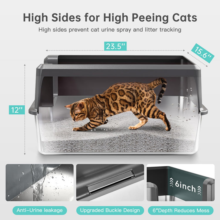 WoofiGo Enclosed Stainless Steel Cat Litter Box with Lid, XL Extra Large Litter Box for Big Cats, Metal Litter Pan High Sided, Never Absorbs Odors, Anti-Urine Leakage, Easy Cleaning, Include Scoop