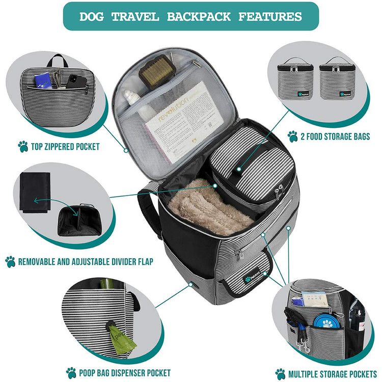 PetAmi Dog Travel Bag Backpack, Airline Approved Dog Bags for Traveling, Puppy Diaper Bag Supplies, Pet Camping Essentials Hiking Accessories Dog Mom Gift, Food Container, Collapsible Bowls, Gray