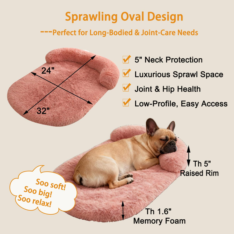 Orthopedic Dog Bed with Egg-Crate Base, Calming Dog & Cat Beds Long Plush with Raised Edges, Spine Friendly Pet Sleeping Mat for Small Medium Dogs, Machine Washable (Oval, Beige 26"x20")
