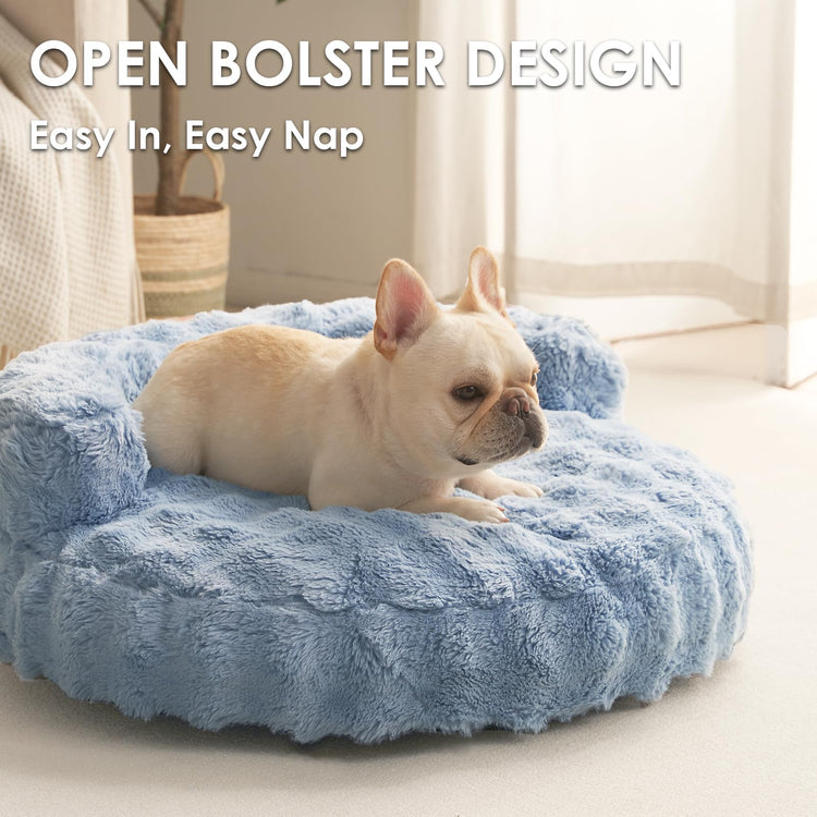 EHEYCIGA Soft Cat Couch Bed for Indoor Cats, Fluffy Small Dog Bed with Removable Washable Cover, Bolster Pet Sofa, Waterproof and Non-Slip, 23" x 23"x 7", Cream