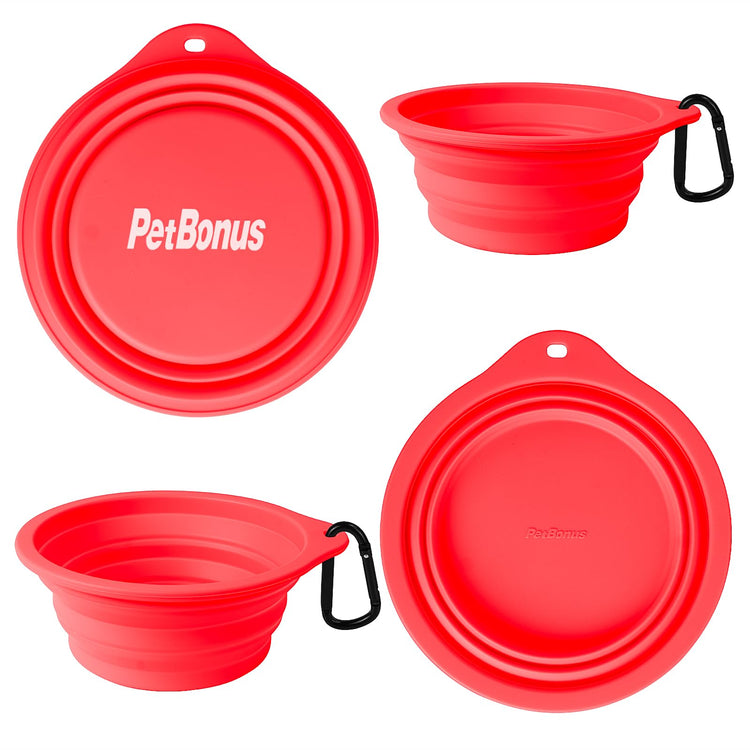 PetBonus 2-Pack Silicone Collapsible Dog Bowls, BPA Free Dishwasher Safe, Portable Foldable Expandable Travel Bowl, Food Water Feeding Cup Dish for Dogs Cats with 2 Carabiners (Turquoise, Tan)