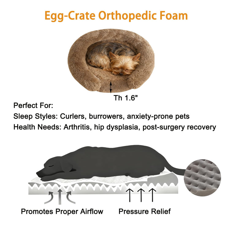 Orthopedic Dog Bed with Egg-Crate Base, Calming Dog & Cat Beds Long Plush with Raised Edges, Spine Friendly Pet Sleeping Mat for Small Medium Dogs, Machine Washable (Oval, Beige 26"x20")