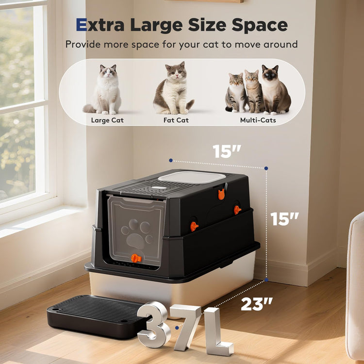 FURTIME Stainless Steel Litter Box with Lid, Large Enclosed Cat Litter Box for Big Cats, Metal Cat Box with High Sided Enclosure & Scoop, Front & Top Entry, Odor Free, Anti-Leakage, Grey