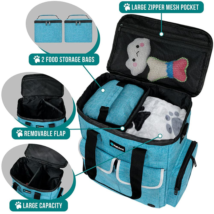 PetAmi Dog Travel Bag Pet Supplies Accessories Organizer for Traveling, Camping, Weekend; Cat Pet Travel Bag Kit Includes 2 Food Storage Containers, 2 Collapsible Bowls, 1 Feeding Mat (Purple)