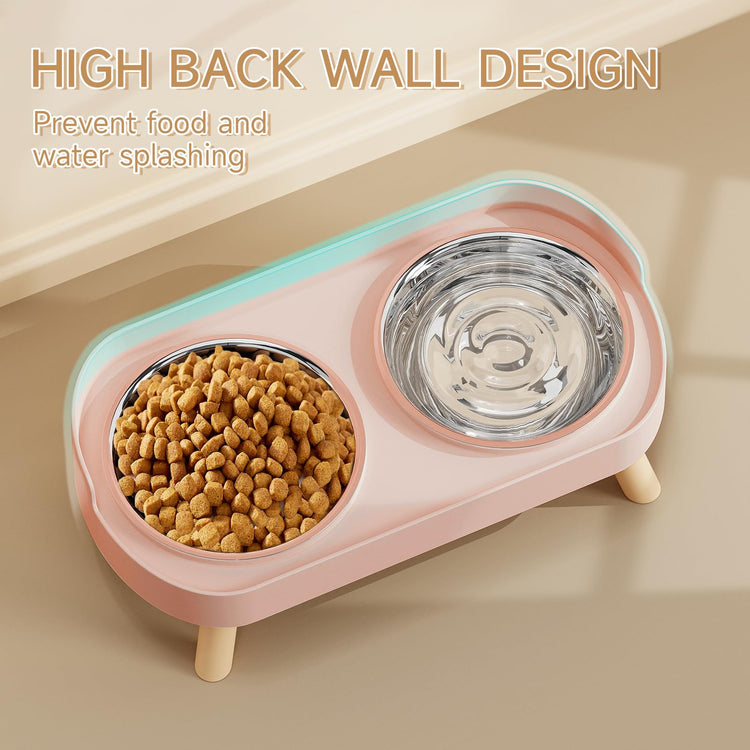 Elevated Cat Bowl, Raised Cat Food and Water Bowl Set for Indoor Cats, Splash Proof with 2 Stainless Steel Pet Food Bowls for Cats and Puppies, Whisker Fatigue and Dishwasher Safe - White