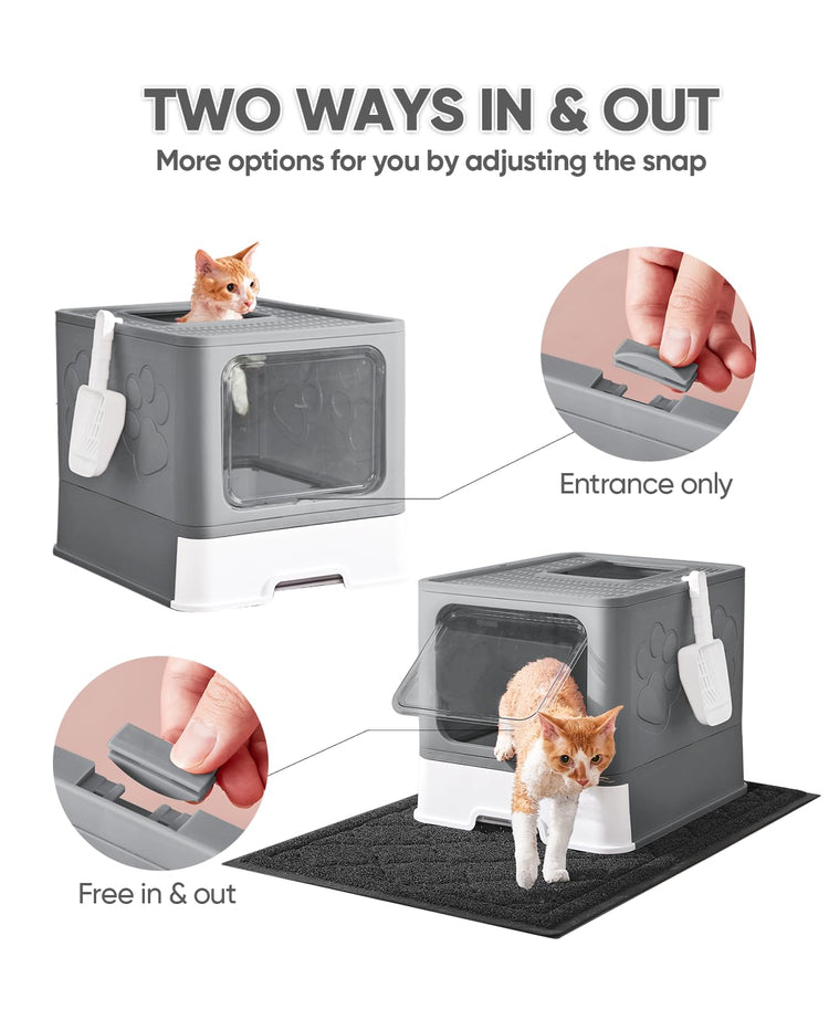 Medario Cat Litter Box with Litter Mat and Scoop, Large Covered Litter Box with Lid, Enclosed Kitty Box, Front Entry Top Exit, Odor Control, Easy to Clean (Grey)