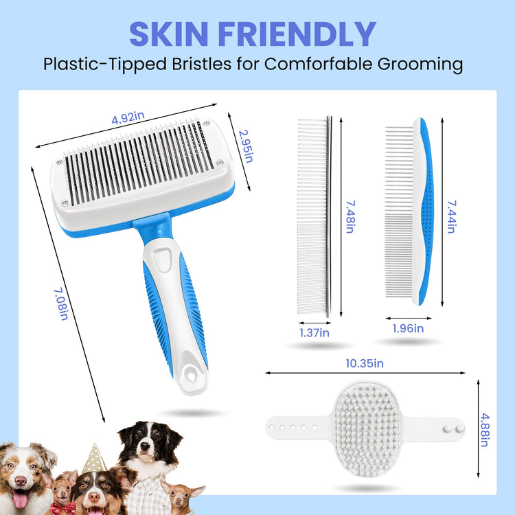 Self Cleaning Shedding Brush - 5-in-1 Professional Pet Grooming Kit Skin Friendly Grooming Tool for Dogs, Cats, and Puppies, Deshedding and Hair Removal for Long and Short Haired Pets, Blue