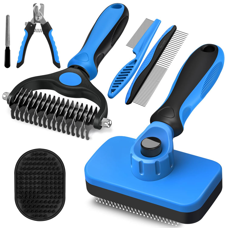 Augwind 7 in 1 Pet Grooming Kit - Dog&Cat Comb, Deshedding Brush, Nail Clipper with File, Bath Brush - Premium Pet Supplies (Blue)