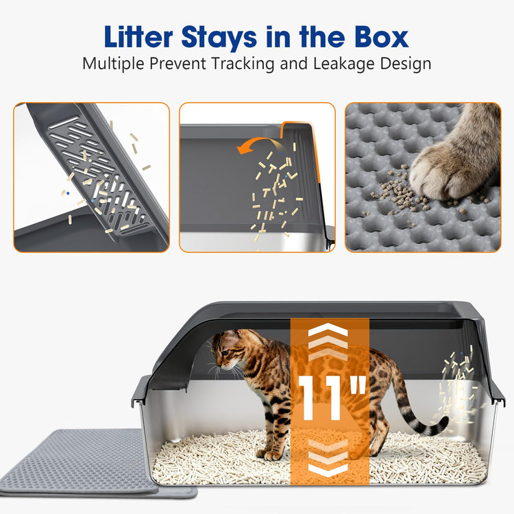 2 Pack XL Stainless Steel Litter Box, Metal Cat Litter Boxes with Lid, High Sided Enclosed Litter Boxes for Big Cat and Multiple Cats, Anti-Urine Leakage | Non-Stick Bottom & Includes Scoop