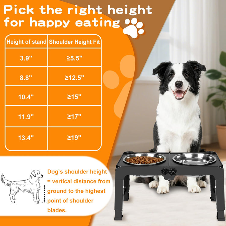 COMESOON Elevated Dog Bowls, 4 Height Adjustable Raised Bowl Stand with 2 Thick 50oz Stainless Steel Food Bowls Non-Slip Feeder Adjusts to 3.7'', 9.2'', 10.75'', 12.36'' Black, (DB-W01)