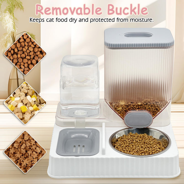 Fhiny Gravity Cat Feeder & Water Dispenser, 2 in 1 Automatic Puppy Waterer Removable Stainless Steel Food Bowls Set Self Feeding Pet Food Storage for Cat Kitten Puppy Easy Clean (White)