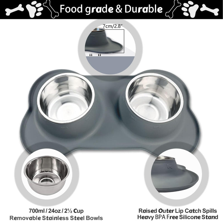 AsFrost Dog Food Bowls Stainless Steel Pet Bowls & Dog Water Bowls with No-Spill and Non-Skid, Feeder Bowls with Dog Bowl Mat for Dogs Cats and Pets-Pink, 24 0z in Total