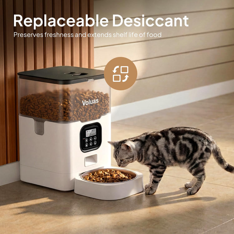 VOLUAS Automatic Cat Feeders - Timed Pet Feeder for Cats and Dogs with Dry Food Dispenser, Desiccant Bag, Programmable Portion Control, 4 Daily Meals, 10s Voice Recorder