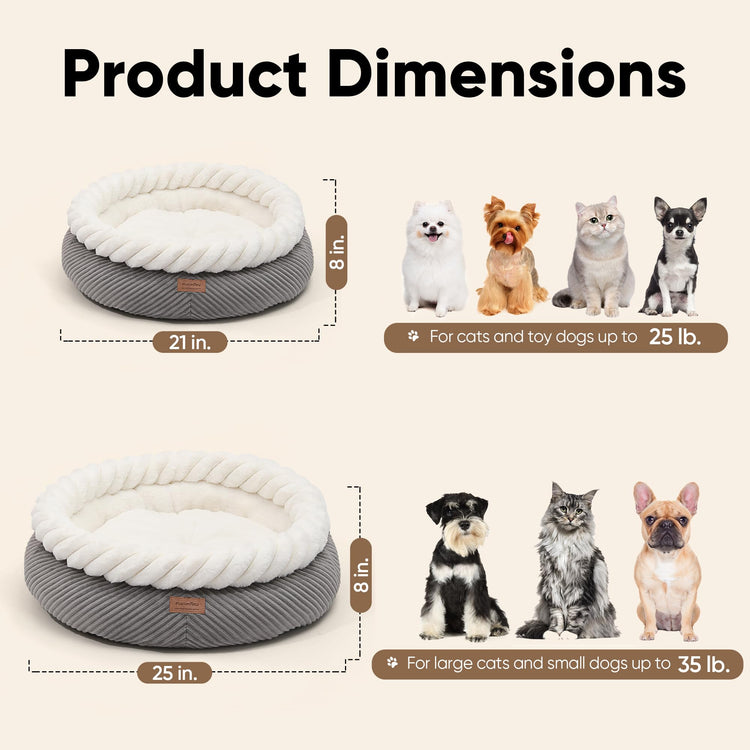 FUKUMARU Cat Bed, Calming Donut Dog Beds, Plush Faux Fur&Corduroy Kitten Beds, Cute Round Washable Pet Bed for Large Cats and Puppy, Cat Cave with Anti-Slip Bottom, 21inch, Camel