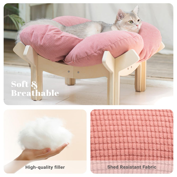 CHEERHOME PETS Elevated Cat Bed Wooden with Cushion Fluffy Pet Couch Sofa for Indoor Cats Raised Kitty Lounge Chair Suitable for Puppy, Cat Furniture(Pink)