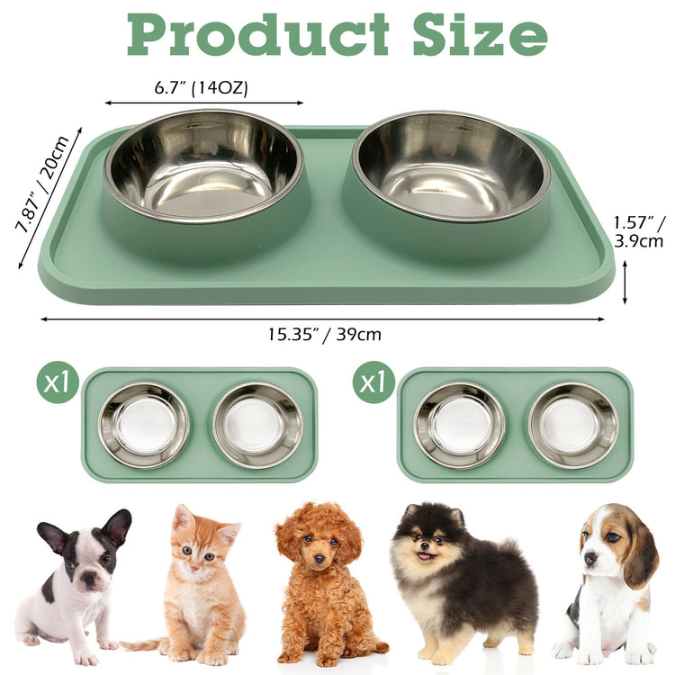 BNOSDM Double Dog Food Bowls Stainless Steel Dog Food and Water Bowls with Non-Spill Plastic Mat Pet Cat Feeder Bowl Set for Puppy Cats Kitten Small Medium Dogs Pink