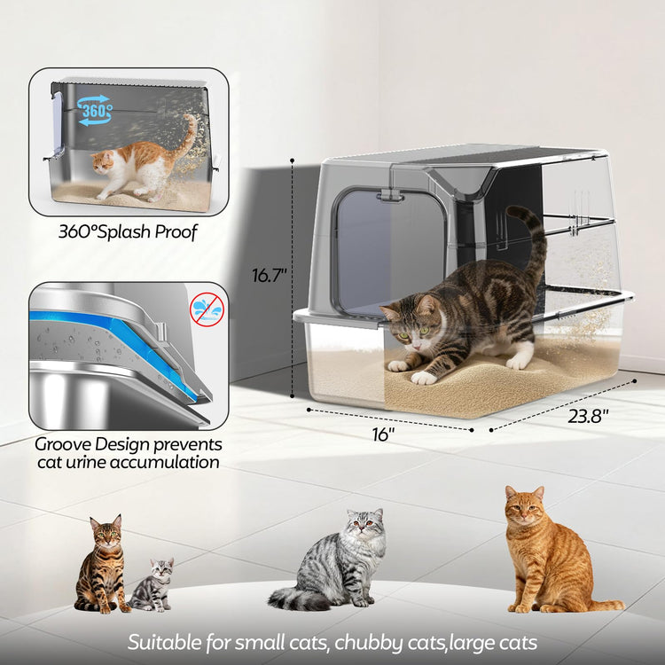WoofiGo Enclosed Stainless Steel Cat Litter Box with Lid, XL Extra Large Litter Box for Big Cats, Metal Litter Pan High Sided, Never Absorbs Odors, Anti-Urine Leakage, Easy Cleaning, Include Scoop