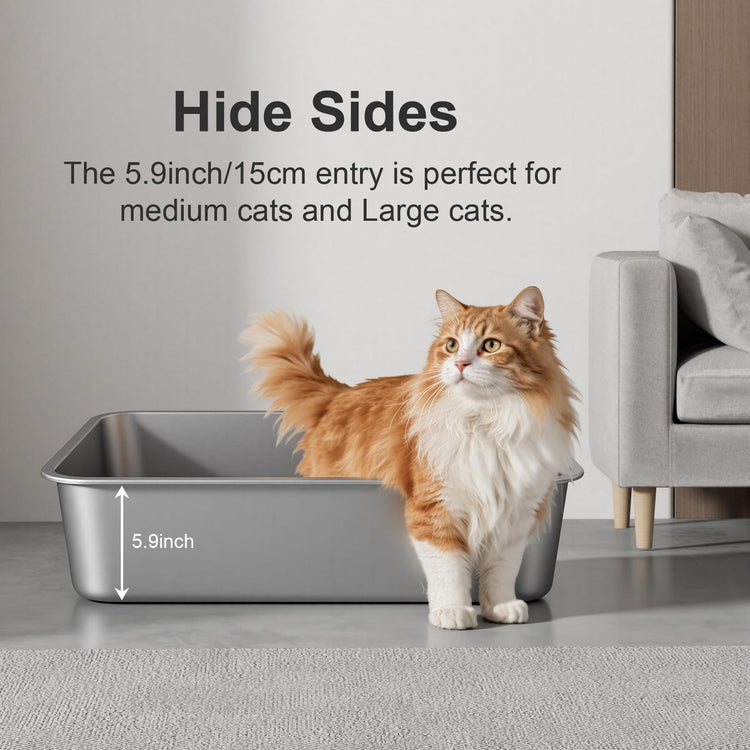 Stainless Steel Litter Box with High Sided, Metal Cat Litter Box, Odor-Free, Non-Stick Litterbox Pan, Easy to Clean Pet Supplies Toilet Tray for Indoor Cats, Kittens or Multicat Homes