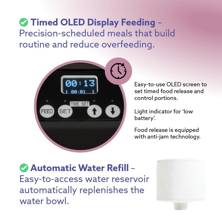 Feeding Friend® Automatic Dog & Cat Food Feeder with Water Dispenser –Smart Pet Feeder with Portion Control, OLED Display, Anti Jam Design, Battery Operated Dispenser for Small - (XS) Pets 4-15 Taupe