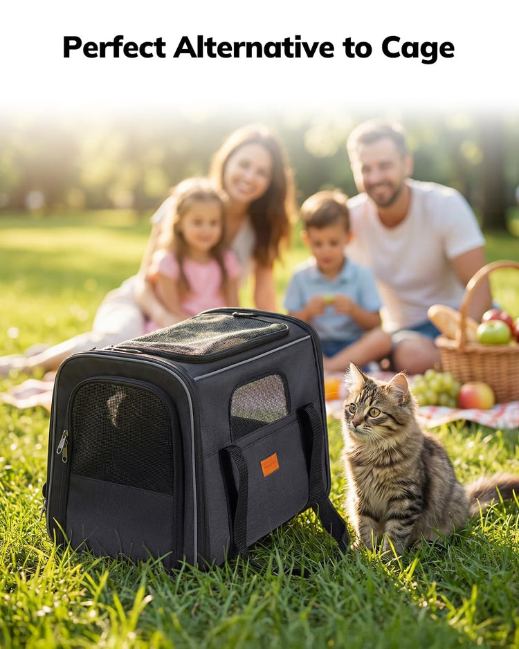 Morpilot Pet Carrier for Large Cats, Puppies & Small Dogs Up to 25lbs, Escape-Proof with Locking Zippers, Dual-Sided Cushion, Safety Buckle for Car & Vet Travel, Includes Foldable Bowl (Dark Gray)