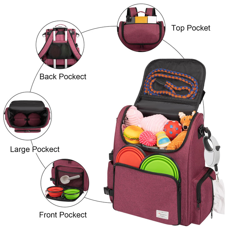 Modoker Dog Travel Bag Backpack, Airline Approved Pet Accessories Organizer for Dog and Cat with Shoulder Strap, 2 Dog Food Storage Containers, 2 Collapsible Dog Bowls,1 Pet Mat, Grey