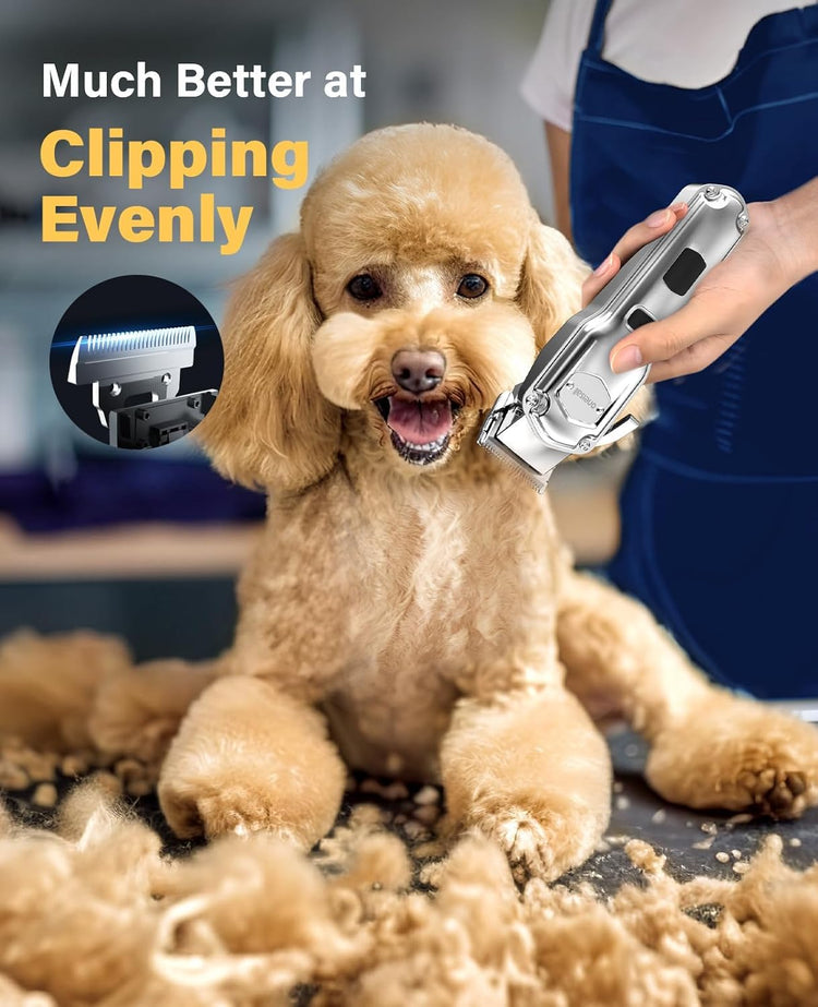 oneisall Dog Grooming Kit for Heavy Thick Hair, with Stainless Steel Blade and Paw Trimmer, Low Noise Rechargeable Cordless Waterproof Dog Clippers for Grooming Animals&Pets