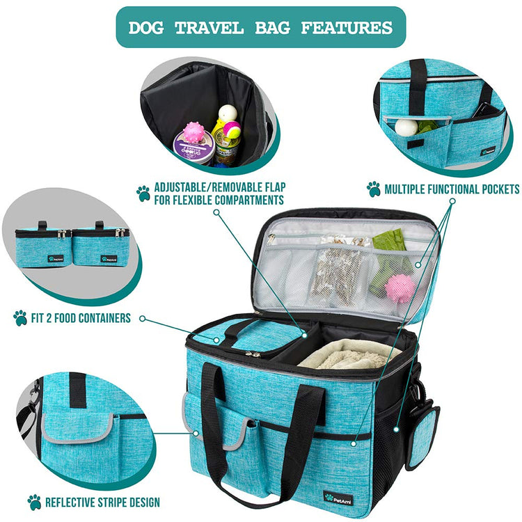 PetAmi Dog Travel Bag Organizer, Pet Travel Kit with 2 Food Containers & 2 Collapsible Dog Bowls, Pet Supplies Tote with Luggage Sleeve, Weekend Road Trip Camping Essentials, Dark Gray, Medium