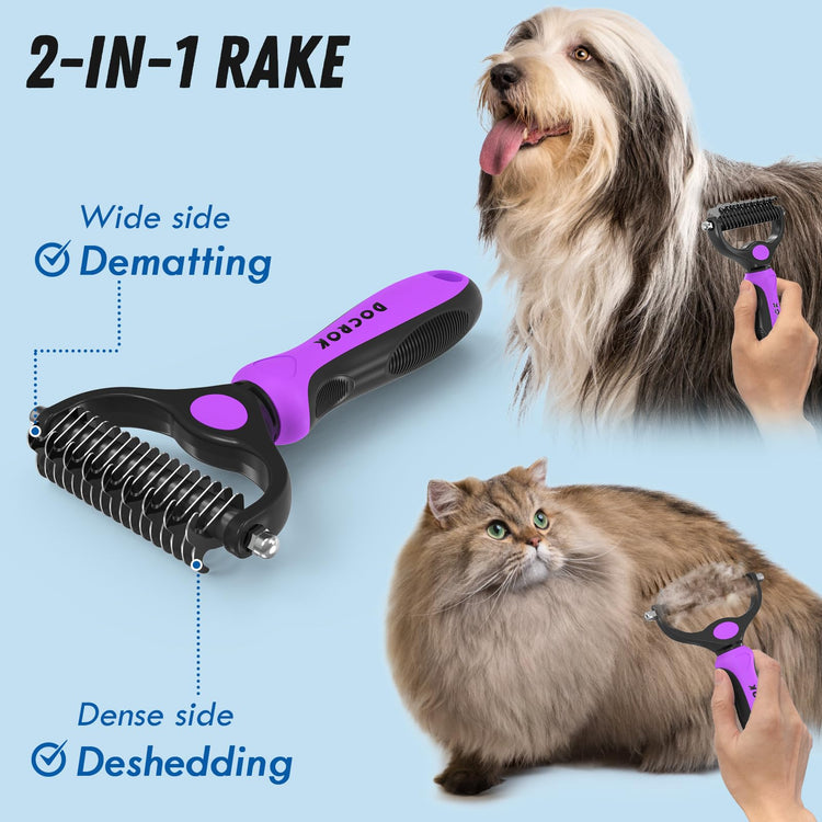 Docrok Pet Grooming Combo - Blue Deshedding Brush with Metal Comb for Detangling and Dematting Long, Matted Fur on Cats and Dogs