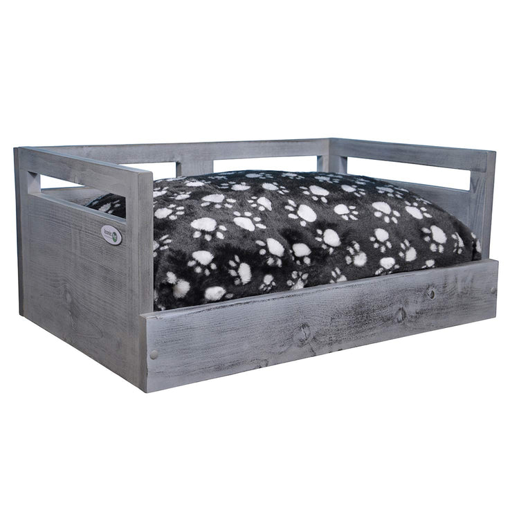 Iconic Pet Sassy Paws Wooden Pet Bed with Paw Printed Comfy Cushion for Dogs & Cats in Varying Sizes & Colors, Small-Rustic Brown