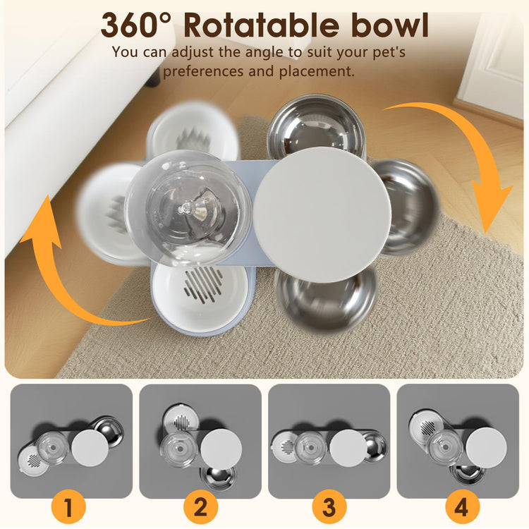 Automatic Gravity Cat Dog Feeder and Water Dispenser with 304 Stainless Steel Bowls 2 in 1 360 Degree Rotatable Auto 2.4L Dry Food and 2.6L Water Bowl for Small Medium Pet Dog Puppy Kitten (Gray)