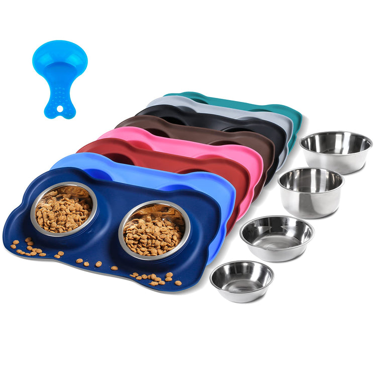 Hubulk Pet Dog Bowls 2 Stainless Steel Dog Bowl with No Spill Non-Skid Silicone Mat + Pet Food Scoop Water and Food Feeder Bowls for Feeding Small Medium Large Dogs Cats Puppies (Small, Blue)