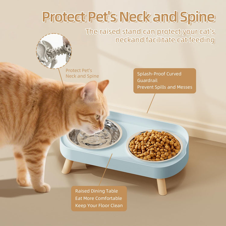 Elevated Cat Bowl, Raised Cat Food and Water Bowl Set for Indoor Cats, Splash Proof with 2 Stainless Steel Pet Food Bowls for Cats and Puppies, Whisker Fatigue and Dishwasher Safe - White