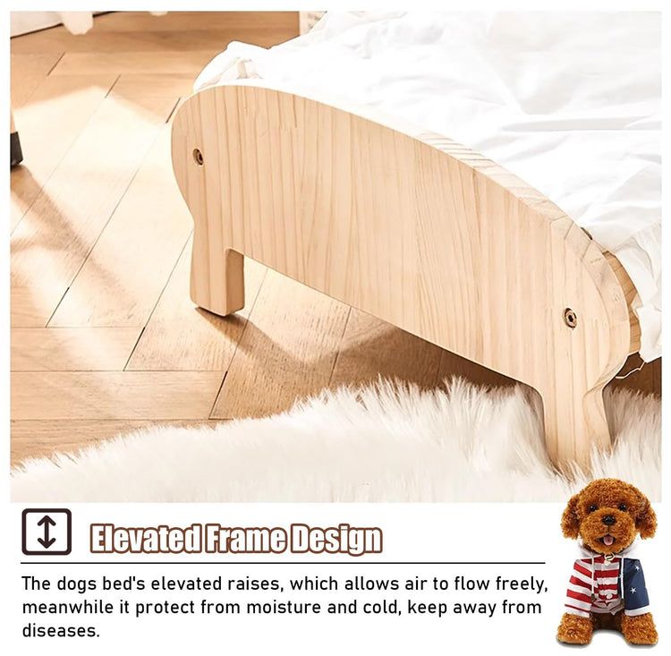 Dog Bed Cute Solid Pine Wood Frame Lifted Pet Bed, Curved All-Season Couch Dog Kennel Elevated, Waterproof Small/Medium Size Pet Gear Cot Furniture (Color : 2-with Bedding, Size : S-54 * 46 * (Wi