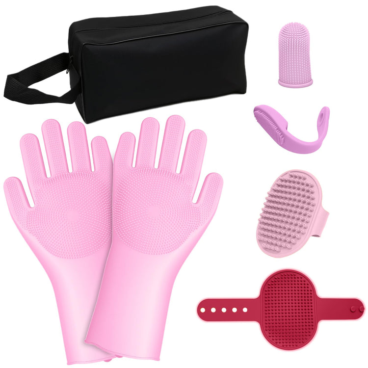 7PCS Pet Grooming Kit for Dogs and Cats，with Storage Bag & Includes Dog Washing Gloveswith High-Density Teeth, Adjustable Handle Dog Shampoo Brush, Dog Finger Toothbrush (Gray)