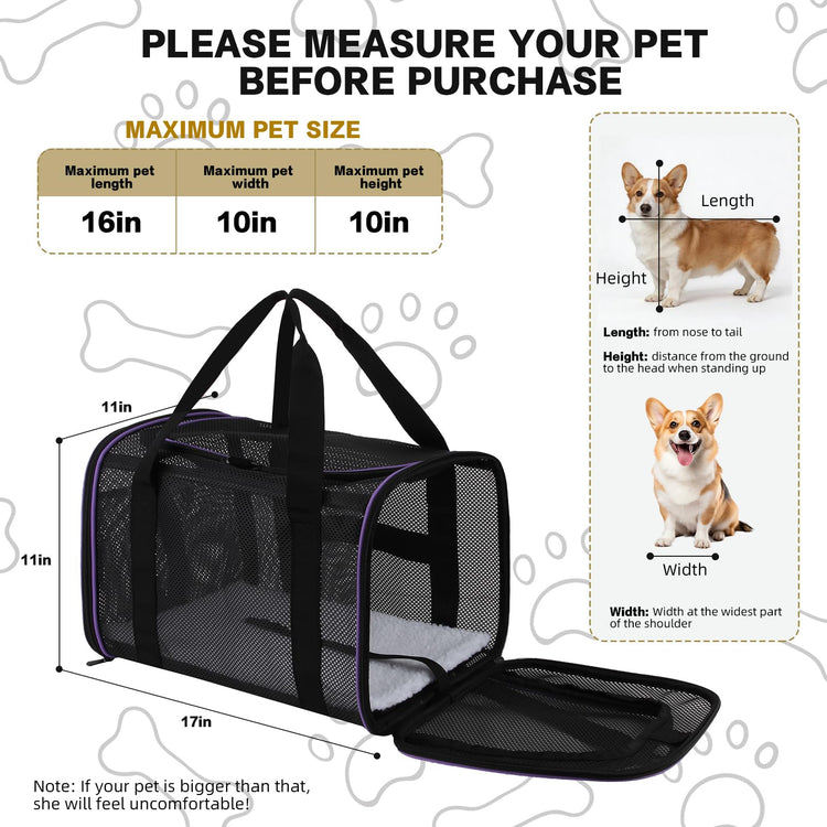 Cat Carrier Dog Carrier Pet Carriers Soft-Sided Cats Bag Animal Carriers Puppy Carrying Bag TSA Airline Approved Small Dog Carrier Soft Sided, Collapsible Travel Carriers for Big Cats(Up to 16lbs),
