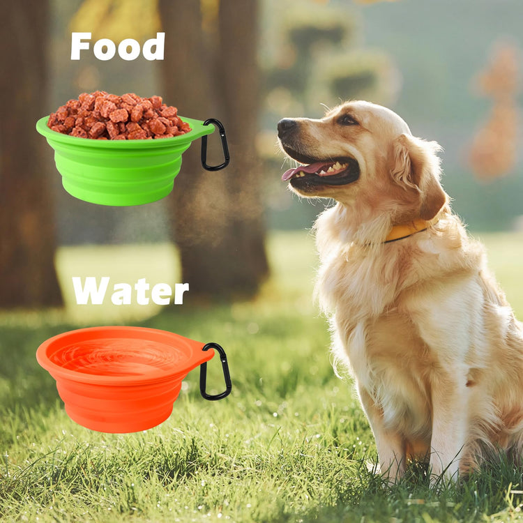 PetBonus 2-Pack Silicone Collapsible Dog Bowls, BPA Free Dishwasher Safe, Portable Foldable Expandable Travel Bowl, Food Water Feeding Cup Dish for Dogs Cats with 2 Carabiners (Turquoise, Tan)