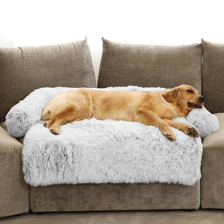 Calming Dog Bed Fluffy Plush Dog Mat for Furniture Protector with Removable Washable Cover for Large Medium Small Dogs and Cats (Small(35x31x5), Light Grey)