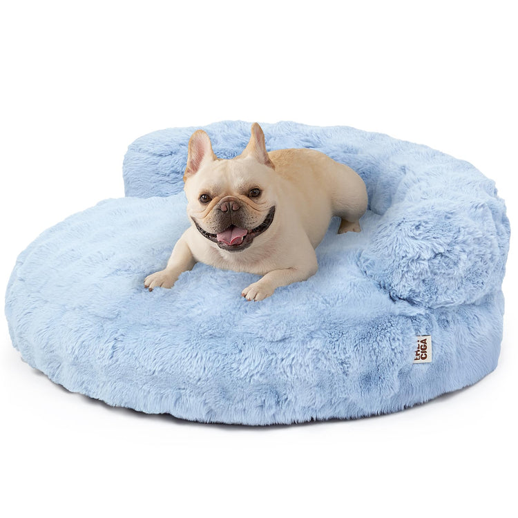 EHEYCIGA Soft Cat Couch Bed for Indoor Cats, Fluffy Small Dog Bed with Removable Washable Cover, Bolster Pet Sofa, Waterproof and Non-Slip, 23" x 23"x 7", Cream