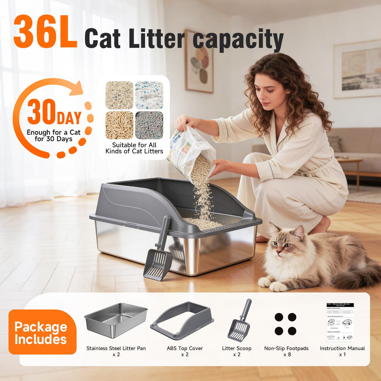 2PACK Stainless Steel Cat Litter Boxes, XL Large Metal Litter Box with High Sides Lid, Odor Free Litter Pan Include Scoop Easy Cleaning Anti-Scratch Kitty Cat Box Anti-Urine Leakage, Non-Sticky