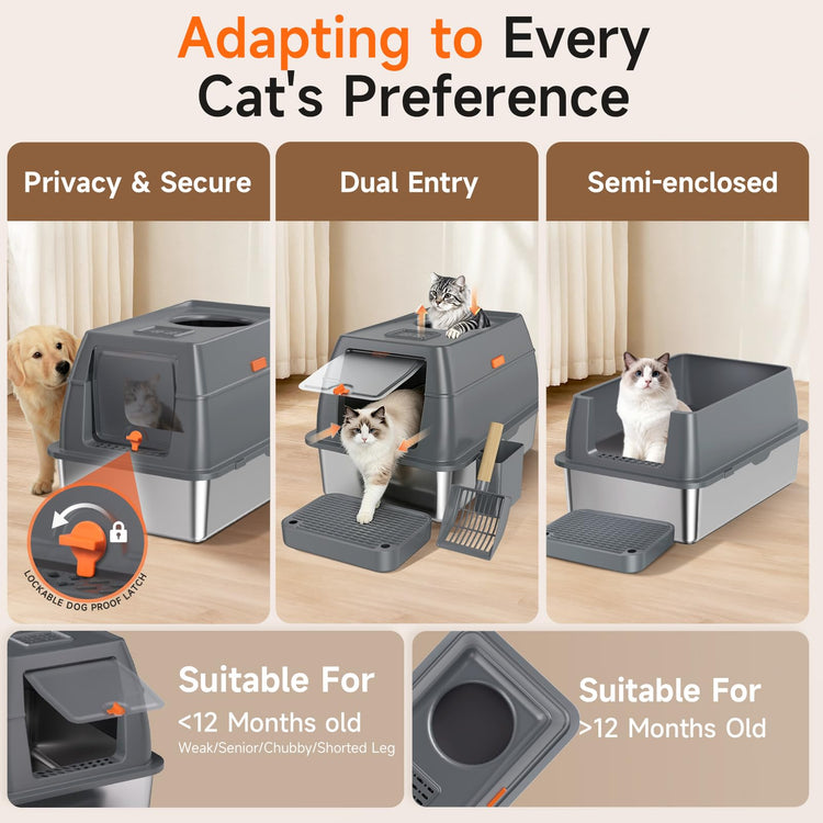 Extra Large Stainless Steel Litter Box with Lid, High Sided Enclosed Metal Cat Litter Pan, Dog Proof Front Entry Top Exit, Odor Control Easy Clean Leak Proof, Includes Scoop & Step, Black