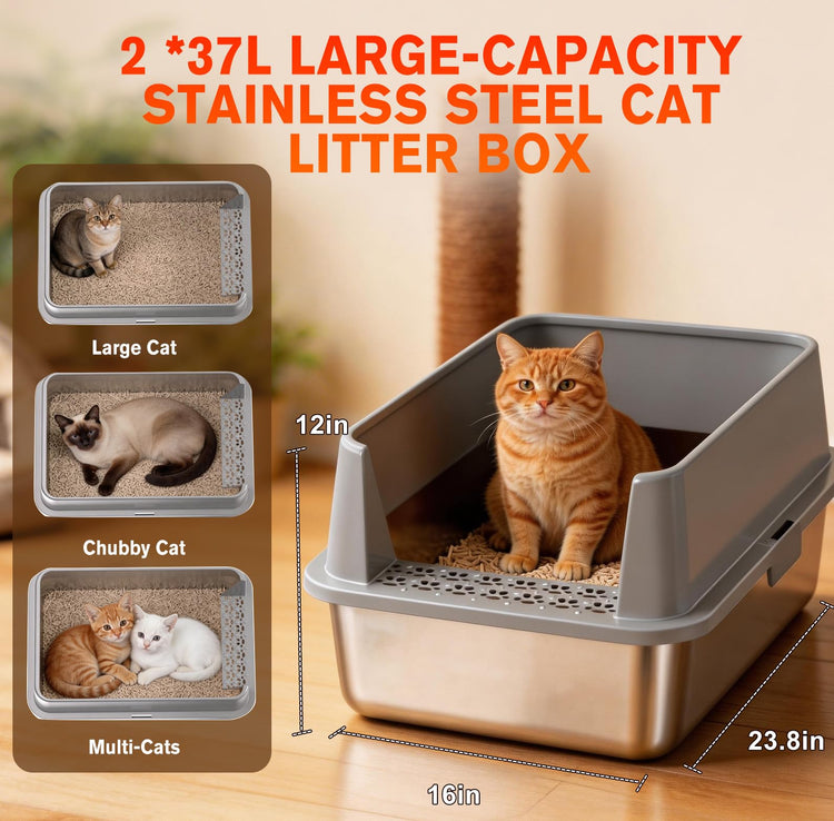 2PACK Stainless Steel Litter Box, Metal Litter Boxs with Lid High Sides, XL Extra Large Litter Box for Big Cats, Never Absorbs Odors, Leak-Proof, Stain-Free, Rust-Free, Easy to Clean, Scoop Included