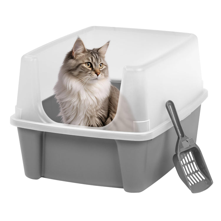 IRIS USA Cat Litter Box Large Open Top with High Sided Walls Tall Scatter Shield Scoop Included Easy Clean Plastic Pan Stain Resistant for Big Cats Kittens Indoor Multi-Cat Households